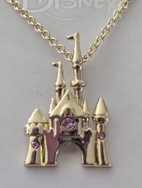 Disney Cinderella Castle Crystal Necklace - Gold tone with pink crystals